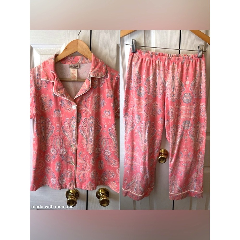 BedHead Coral Paisley Stretch Cotton Knit Long Sleeve Cropped Pajama Set S
